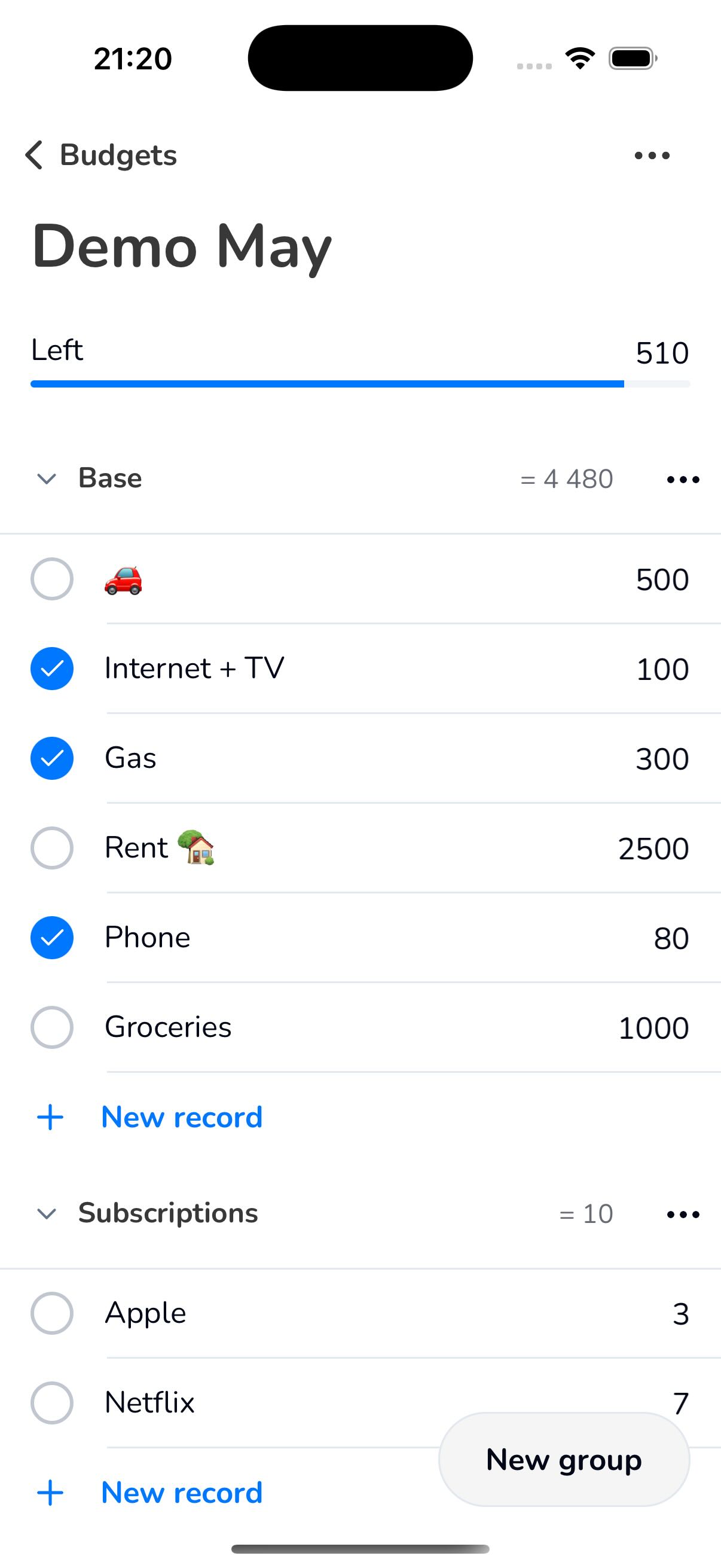 Sundio budget screen showing grouped categories and remaining monthly budget